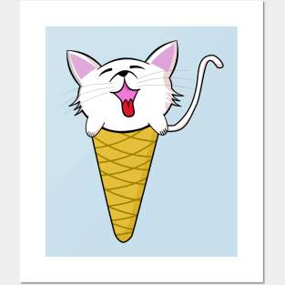 Cute Kawaii Cat in Ice Cream Cone Posters and Art